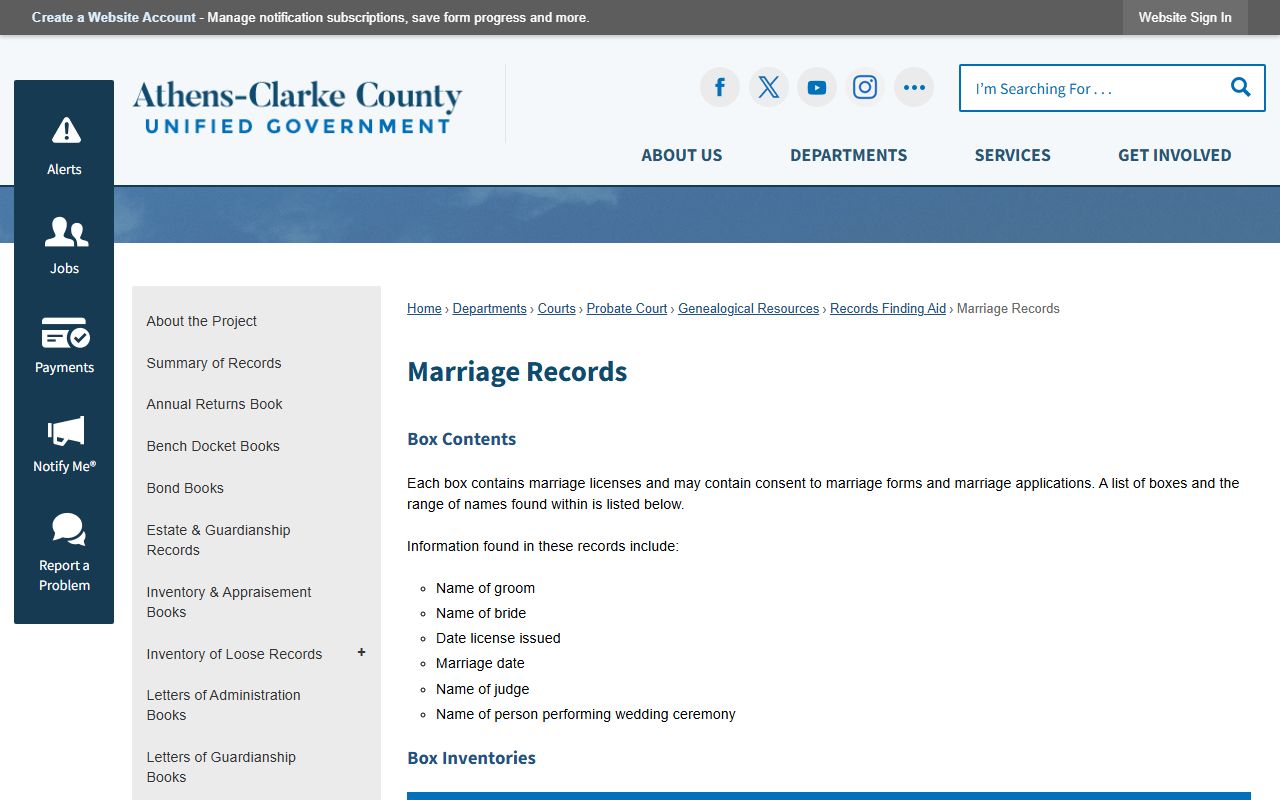 Athens-Clarke County Probate Court marriage records page