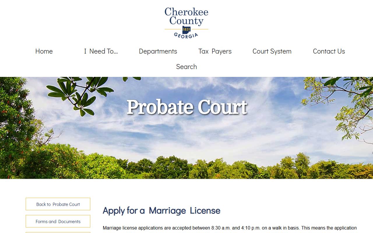 Cherokee County marriage license application page for Canton residents