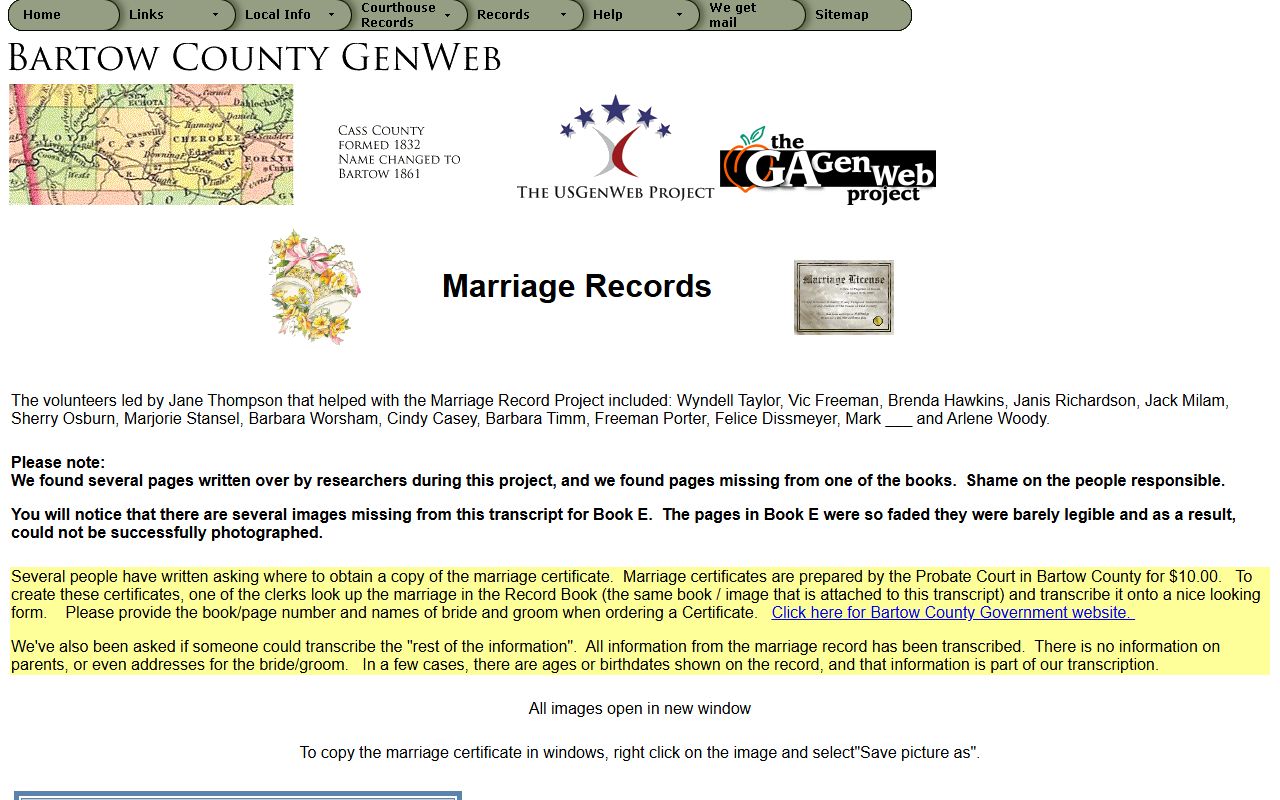 Bartow County online marriage information for Cartersville