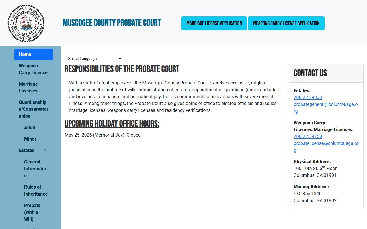 Muscogee County Probate Court website for Columbus marriage records