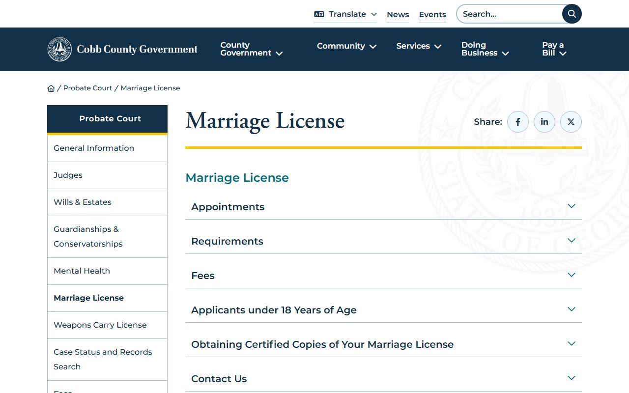 Cobb County marriage license page for Mableton residents