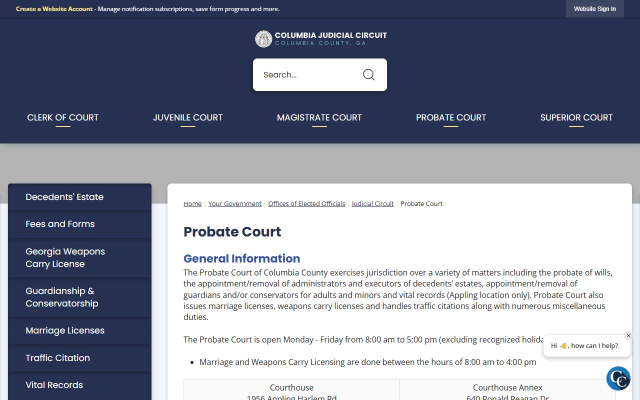 Columbia County Probate Court website for Martinez marriage records