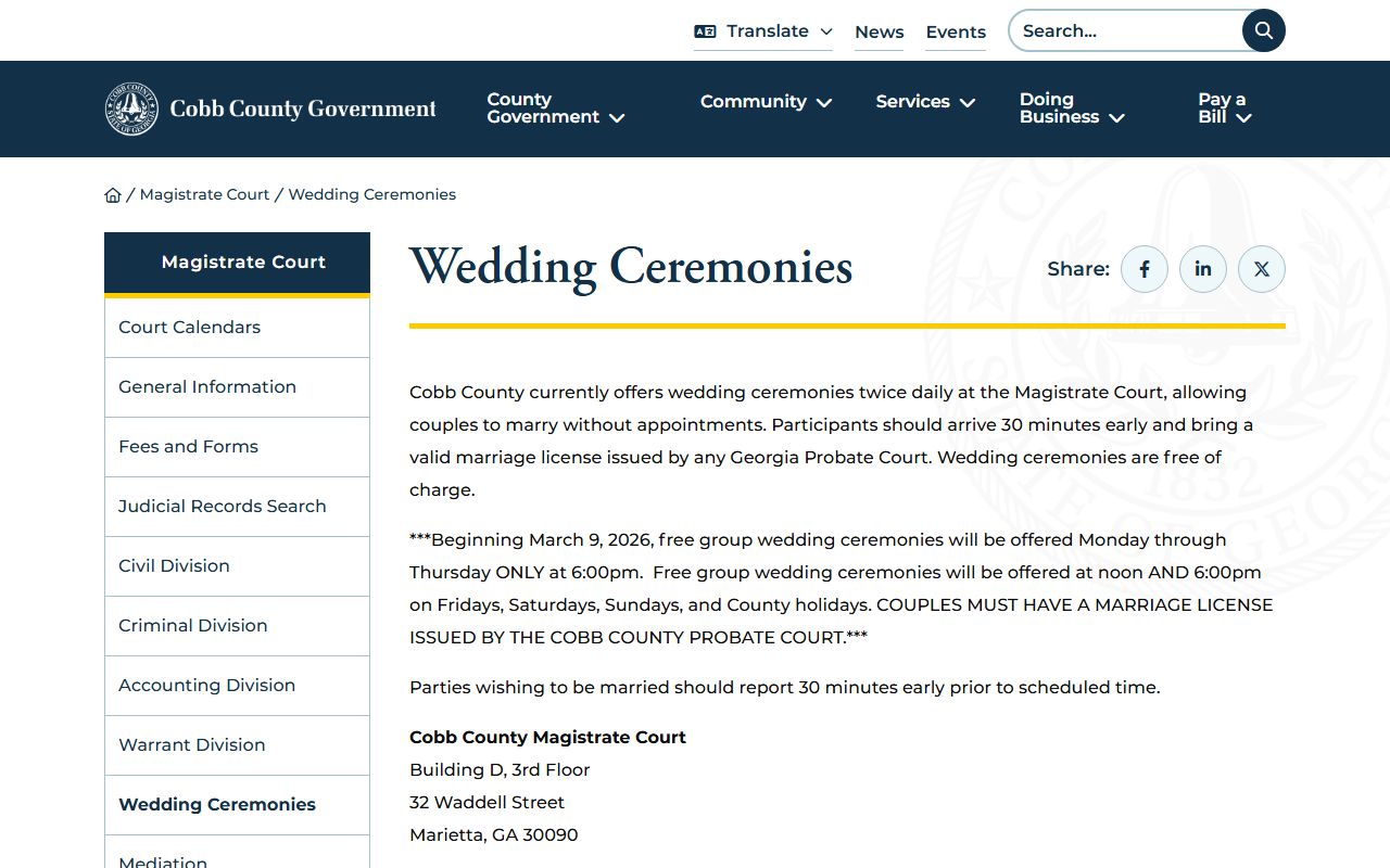 Cobb County Magistrate Court wedding ceremony info for Smyrna