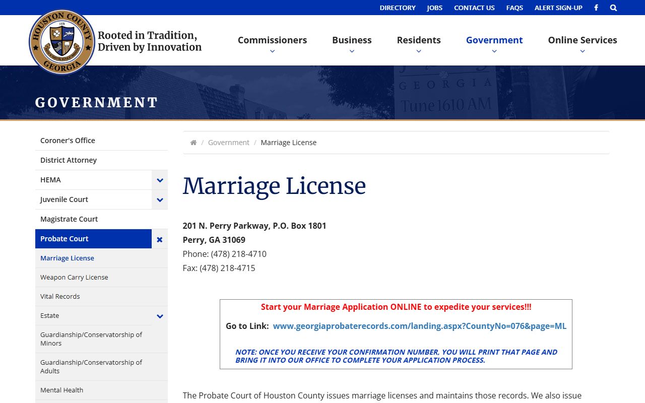 Houston County Probate Court page for Warner Robins marriage records
