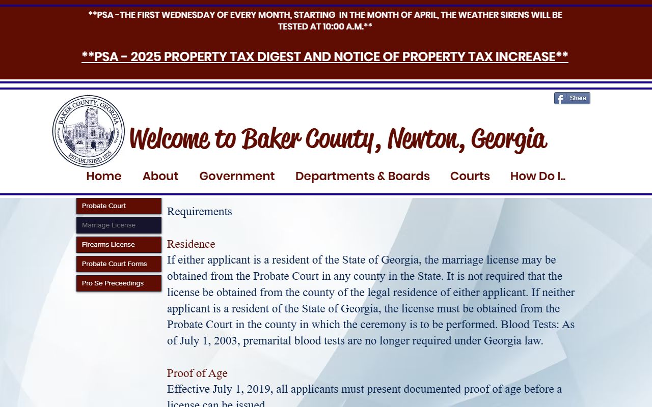 Baker County marriage license page on county website for Baker County marriage records
