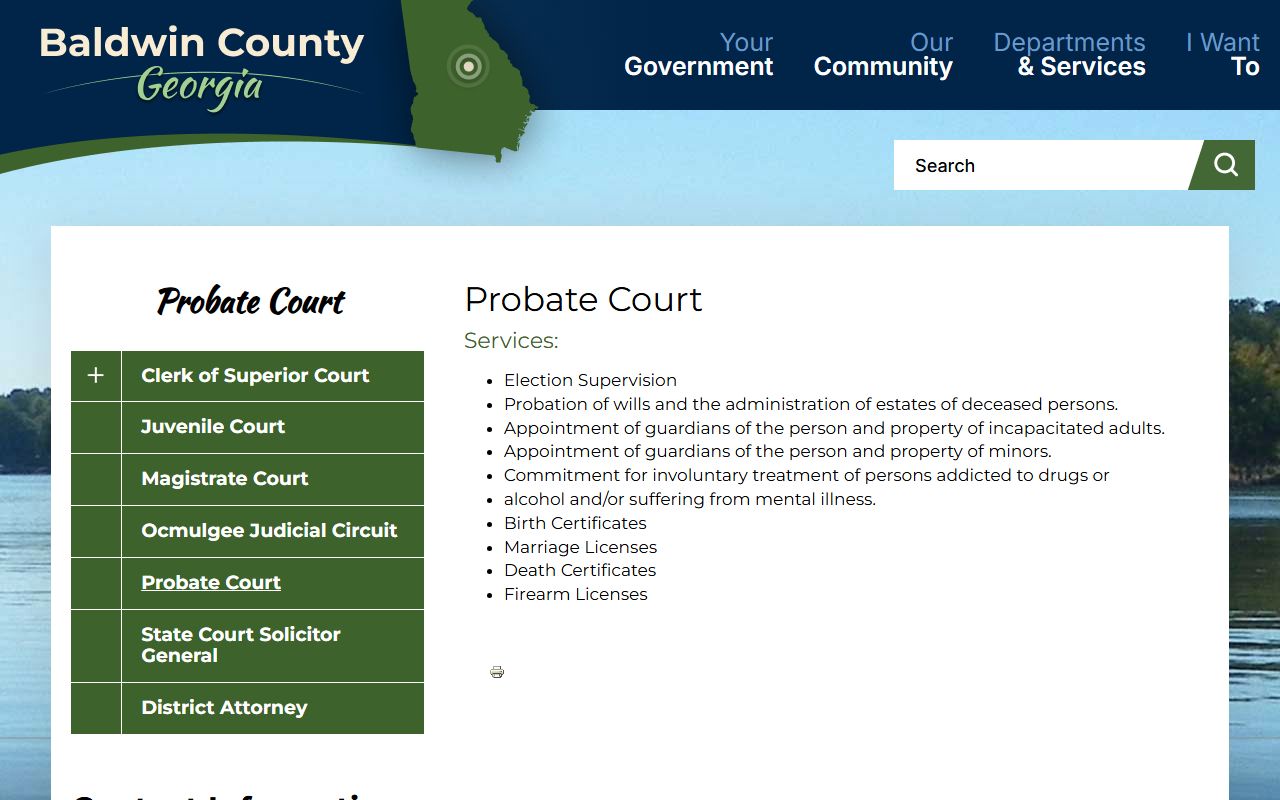 Baldwin County Probate Court website showing court information for Baldwin County marriage records