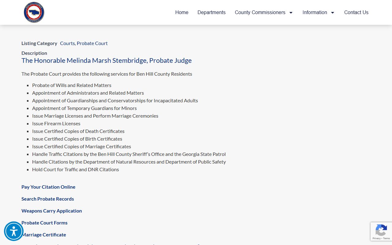 Ben Hill County Probate Court website for marriage records in Fitzgerald Georgia