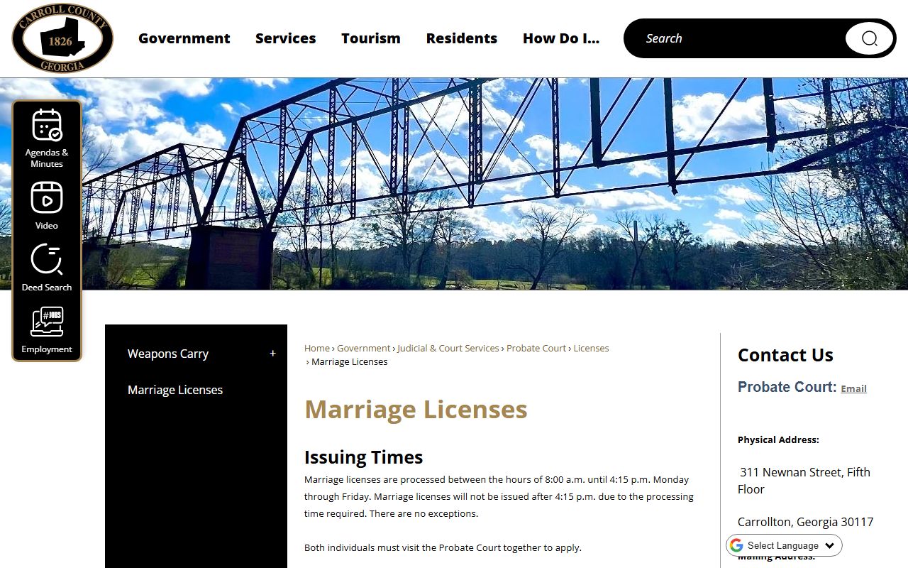 Carroll County marriage license information page on county website