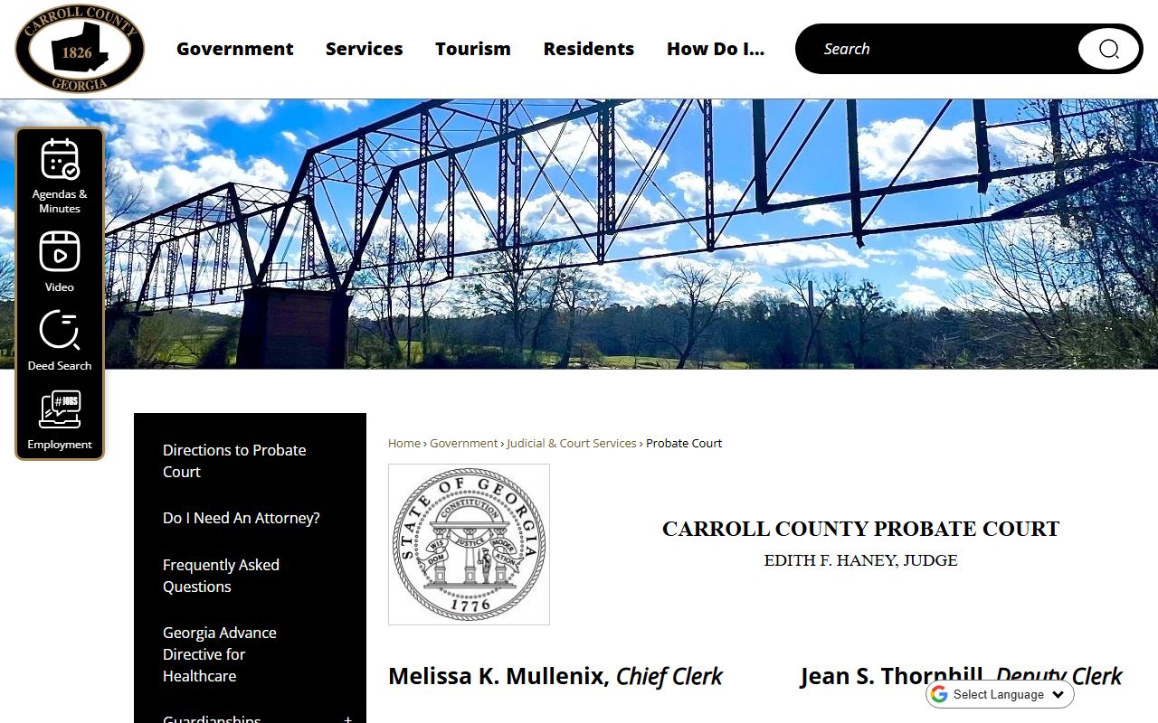 Carroll County Probate Court website page for marriage records