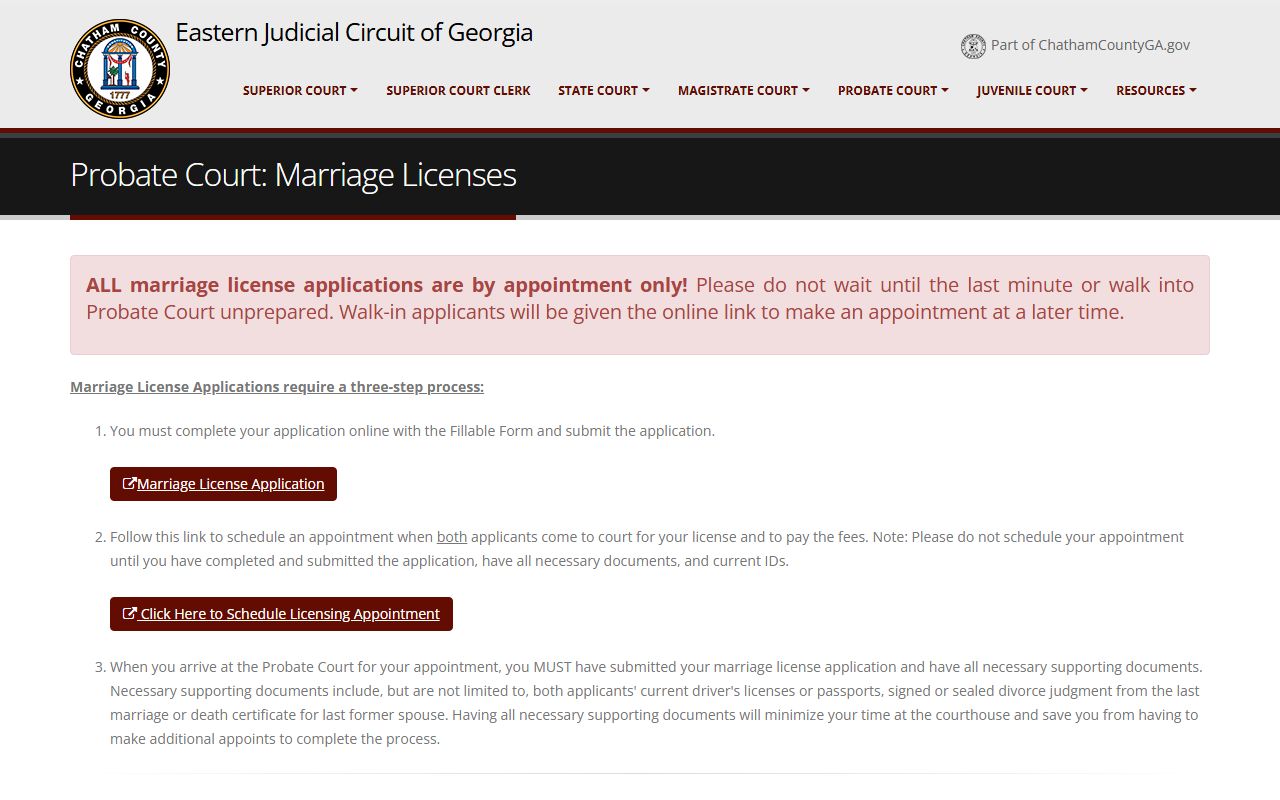 Chatham County Probate Court marriage license information page
