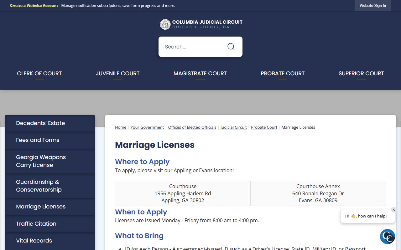 Columbia County marriage license information page for Columbia County marriage records