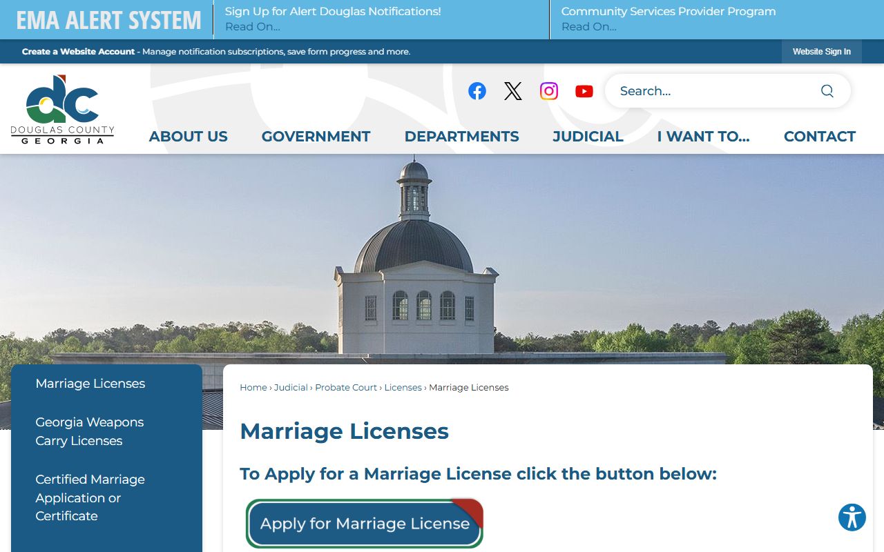 Douglas County marriage license information page showing fees and requirements for Douglas County marriage records