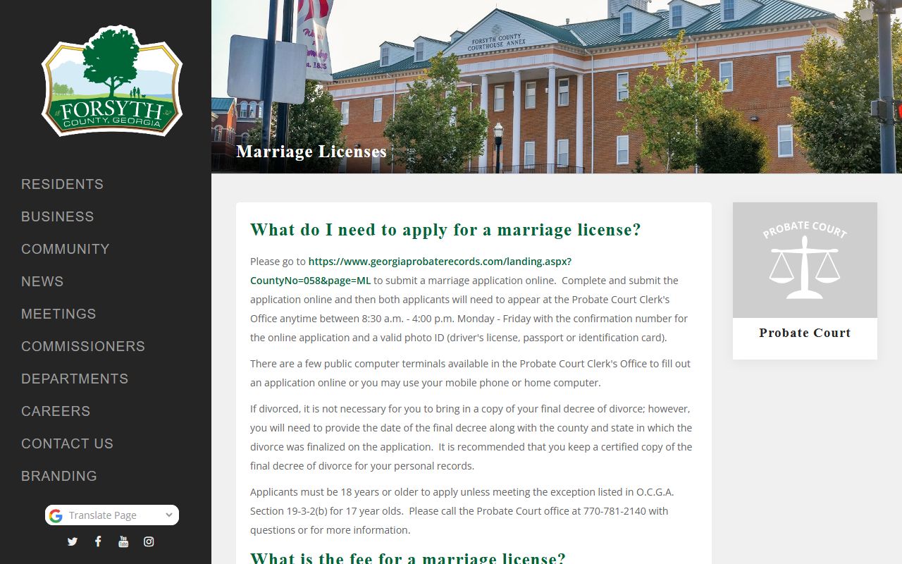 Forsyth County marriage licenses page from the Forsyth County Probate Court website for Forsyth County marriage records