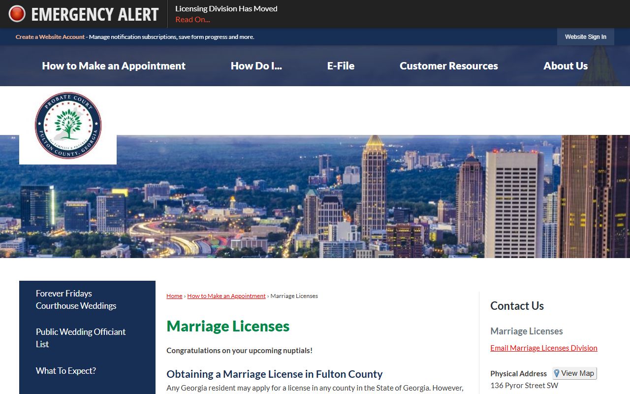 Fulton County marriage licenses page from the Fulton County Probate Court website for Fulton County marriage records