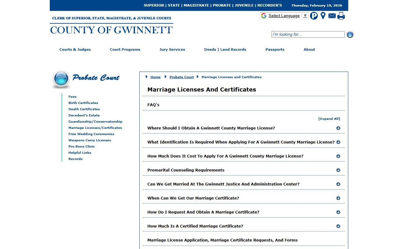 Gwinnett County marriage licenses page from the Gwinnett County Probate Court website for Gwinnett County marriage records