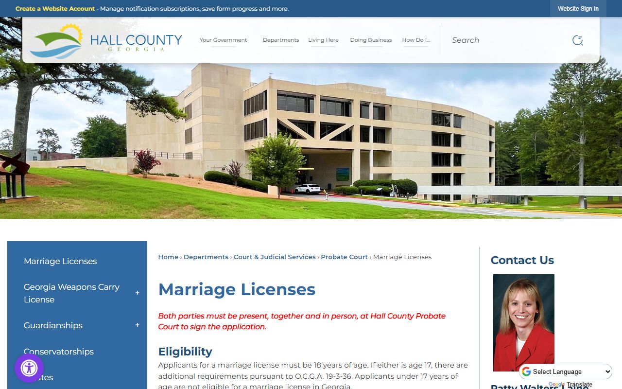 Hall County marriage license information page from the Hall County Probate Court for Hall County marriage records