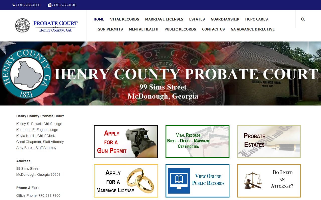 Henry County Probate Court website showing marriage license services for Henry County marriage records