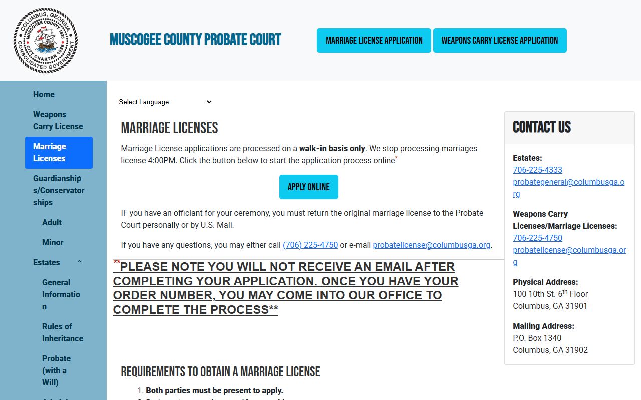 Muscogee County marriage license information page for Muscogee County marriage records