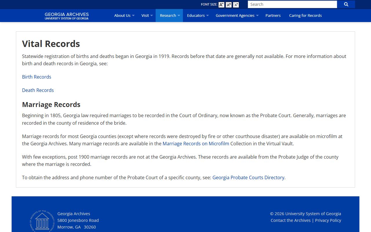 Georgia Archives vital records page for historical marriage records research