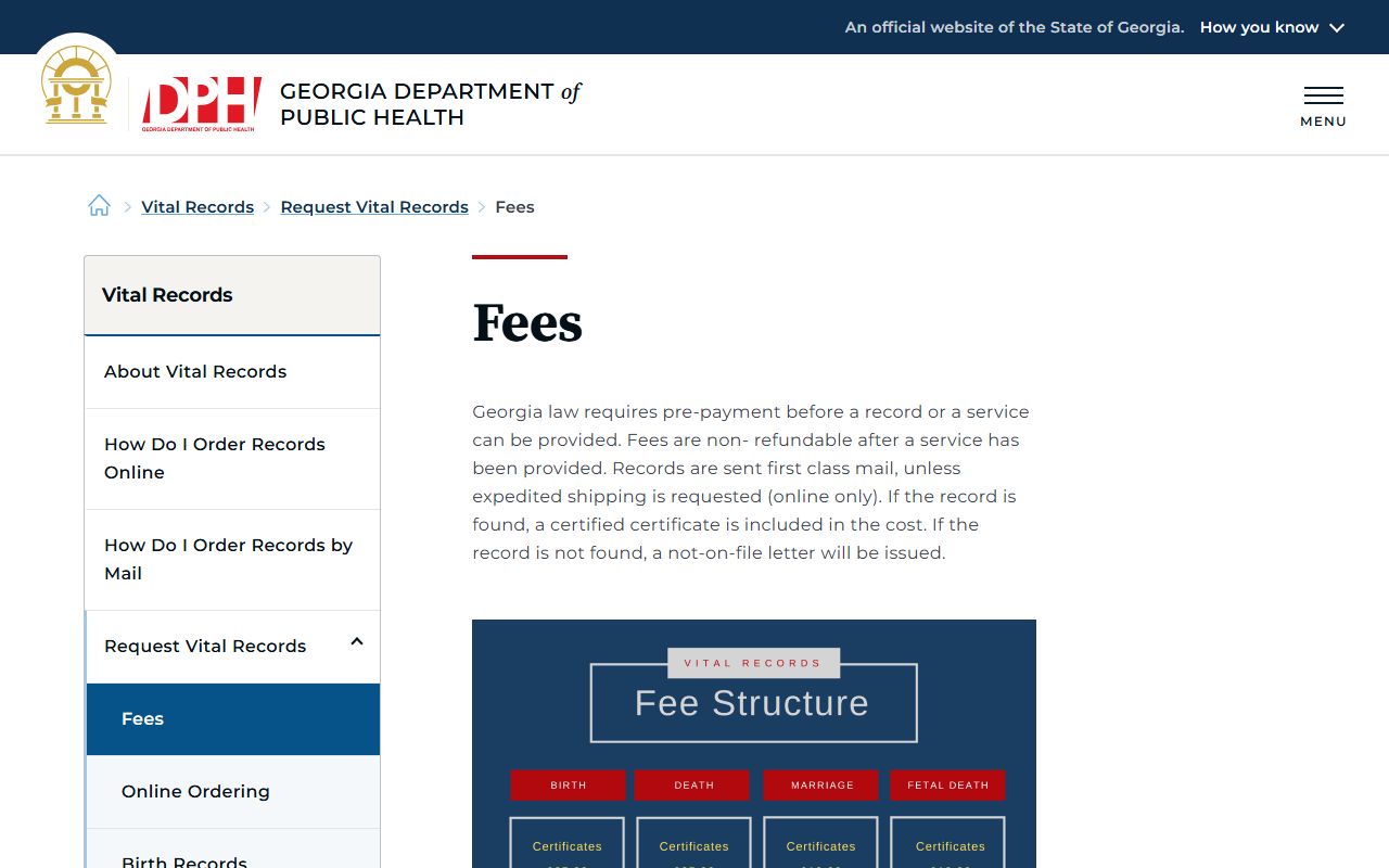Georgia Department of Public Health fee schedule for marriage records