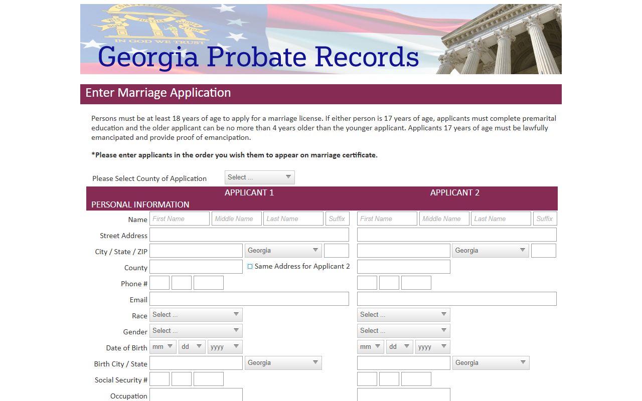 Online marriage license application for Georgia marriage records