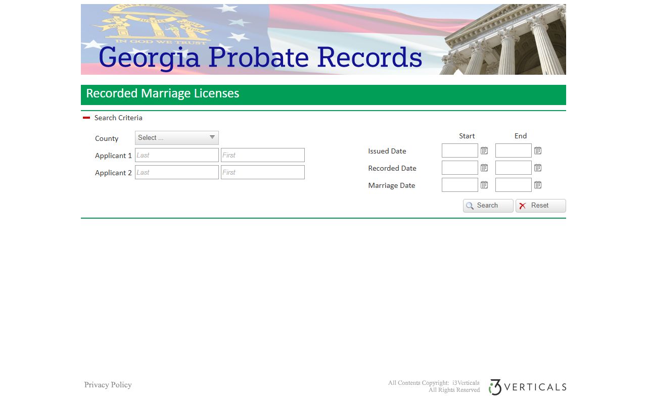 Georgia Probate Records marriage search page for finding marriage records