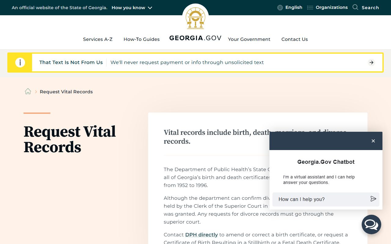 Georgia.gov page for requesting vital records including marriage records